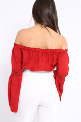 Red Gypsy Bardot Crop Top with Key Hole Tie Front - Kaitlin-Crop Tops