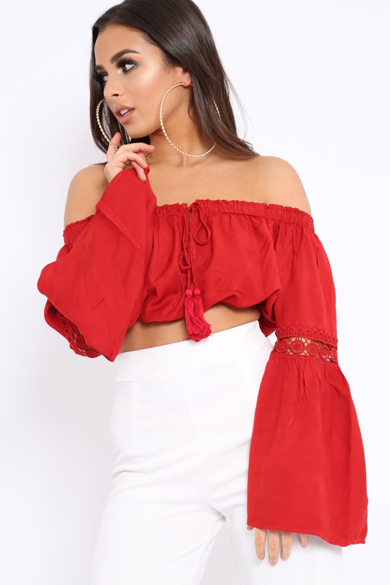 Red Gypsy Bardot Crop Top with Key Hole Tie Front Kaitlin