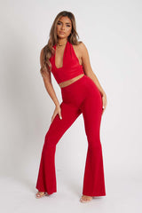 Red Halter Neck Slinky Crop Top - Jessabel-Crop Tops