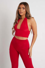 Red Halter Neck Slinky Crop Top - Jessabel-Crop Tops