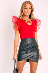 Red Heart Mesh Frill Sleeve Bodysuit - Orianna-Bodysuits