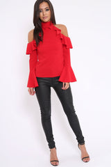 Red High Neck Cold Shouldered Frill Top - Stace-Tops