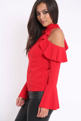 Red High Neck Cold Shouldered Frill Top - Stace-Tops