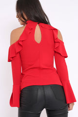 Red High Neck Cold Shouldered Frill Top - Stace-Tops