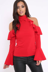 Red High Neck Cold Shouldered Frill Top - Stace-Tops