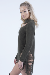 Red High Neck Cut Out Distressed Jumper Dress - Adalyn-Jumper