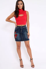 Red High Neck Cut Out Ribbed Crop Top - Jessica-Crop Tops