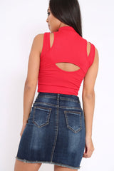 Red High Neck Cut Out Ribbed Crop Top - Jessica-Crop Tops