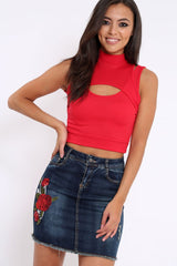 Red High Neck Cut Out Ribbed Crop Top - Jessica-Crop Tops