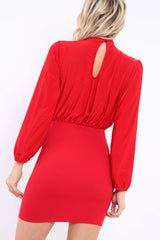Red High Neck Slinky Bodycon Mini Dress - Larina-Dresses