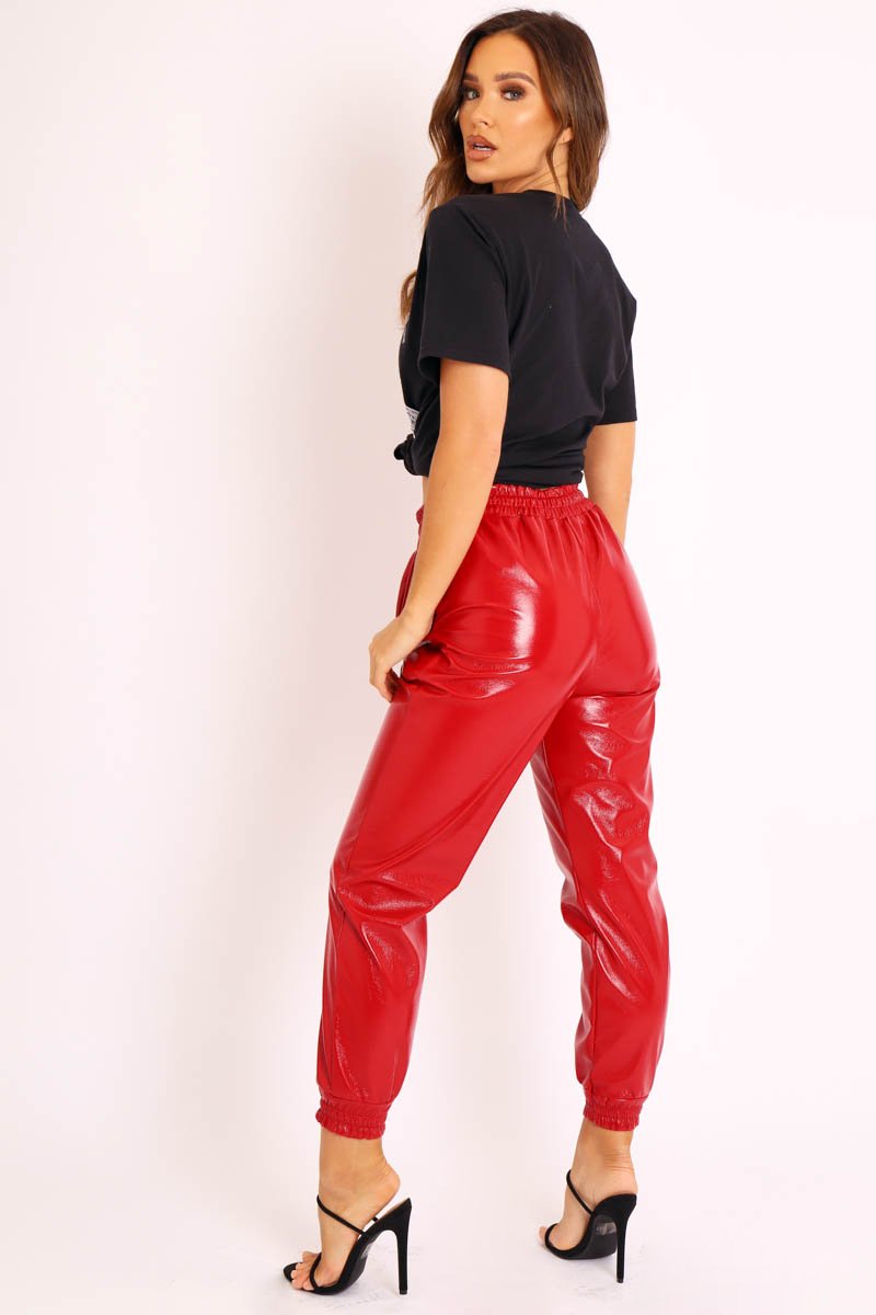 Red High Shine Drawstring Waist Joggers - Faye-Joggers