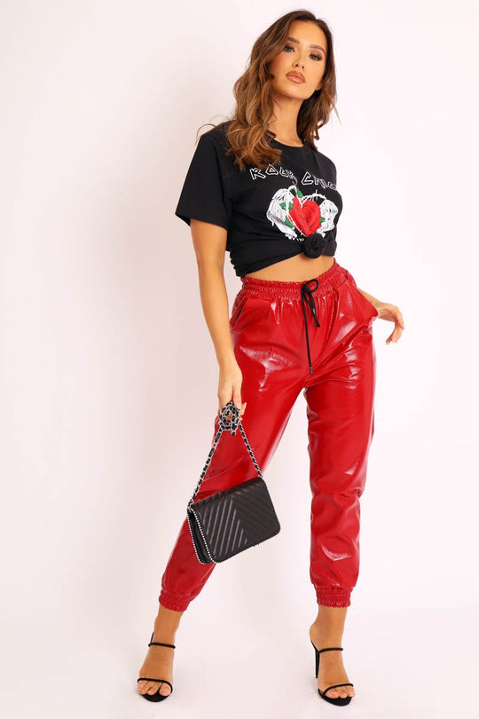 Red High Shine Drawstring Waist Joggers - Faye