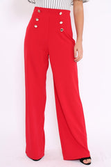 Red High Waist Button Front Wide Leg Trousers - Juna-Trousers