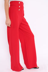 Red High Waist Button Front Wide Leg Trousers - Juna-Trousers