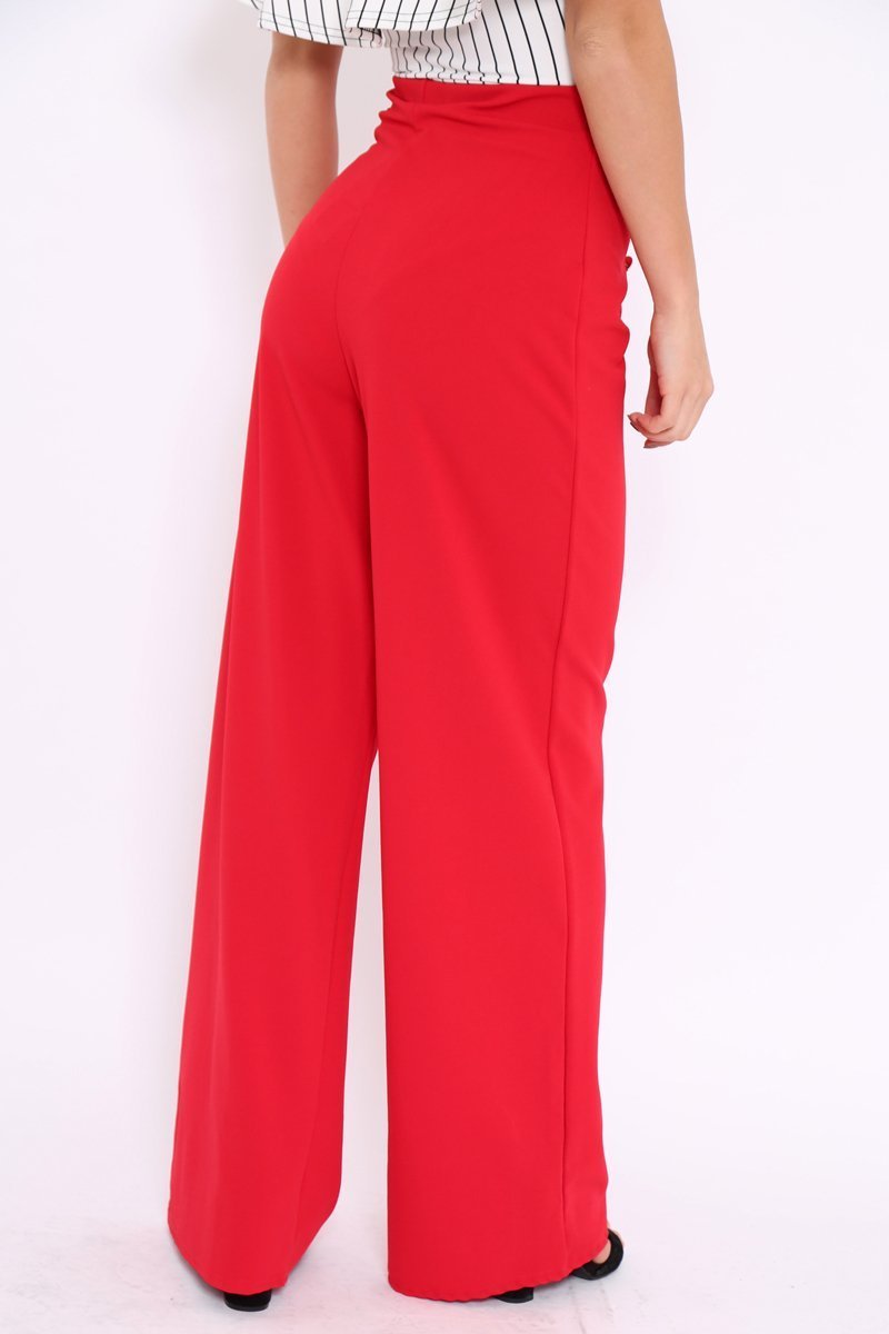 Red High Waist Button Front Wide Leg Trousers - Juna-Trousers