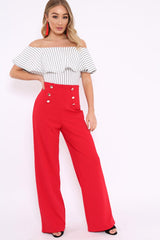 Red High Waist Button Front Wide Leg Trousers - Juna-Trousers