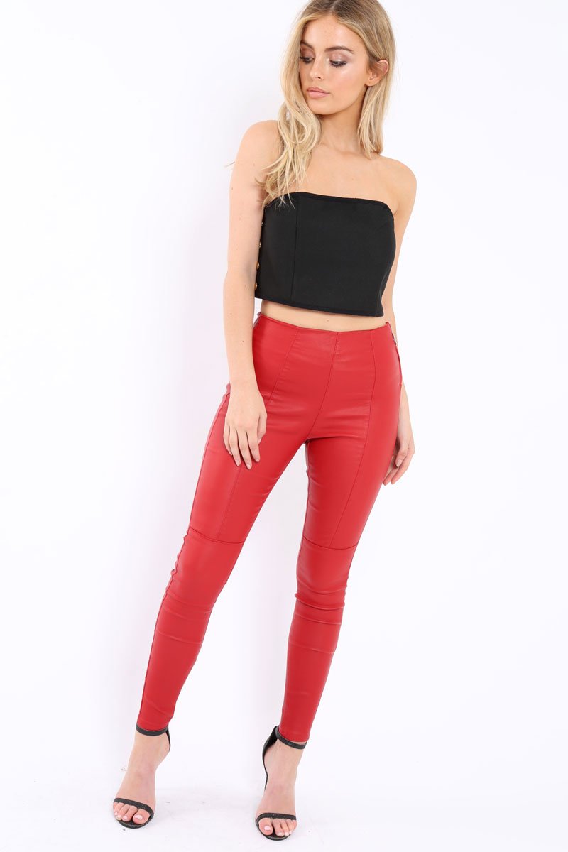 Red High Waist Coated Skinny Jeans - Nicci-Jeans