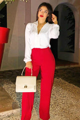 Red High Waist Flare Trousers -Tisha-Trousers