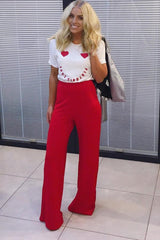 Red High Waist Flare Trousers -Tisha-Trousers