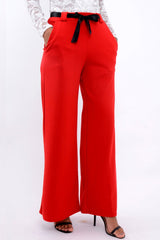 Red High Waist Flare Trousers with Black Sash Belt - Lila-Trousers