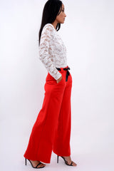 Red High Waist Flare Trousers with Black Sash Belt - Lila-Trousers