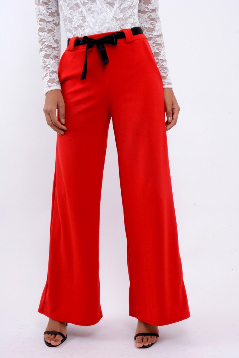 Red High Waist Flare Trousers with Black Sash Belt - Lila-Trousers
