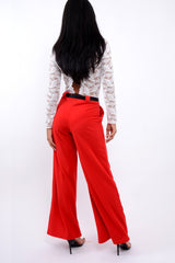 Red High Waist Flare Trousers with Black Sash Belt - Lila-Trousers