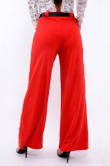 Red High Waist Flare Trousers with Black Sash Belt - Lila-Trousers