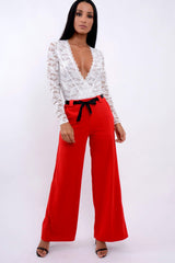 Red High Waist Flare Trousers with Black Sash Belt - Lila-Trousers