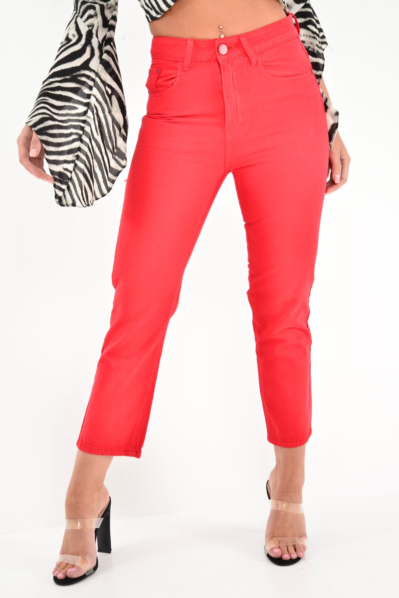 Red High Waist Mom Jeans - Harriett-Jeans