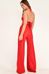 Red High Waisted Wide Leg Button Front Trousers - Gidget-Trousers