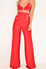 Red High Waisted Wide Leg Button Front Trousers - Gidget-Trousers
