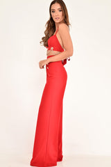 Red High Waisted Wide Leg Button Front Trousers - Gidget-Trousers