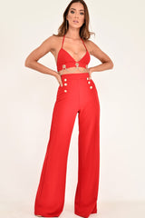 Red High Waisted Wide Leg Button Front Trousers - Gidget-Trousers