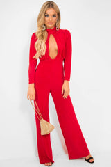 Red Keyhole Front Wide Leg Jumpsuit - Louna-Jumpsuits