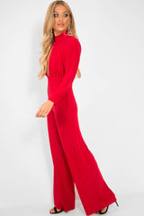 Red Keyhole Front Wide Leg Jumpsuit - Louna-Jumpsuits