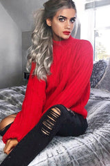 Red Knit High Neck Jumper - Jaelynn-Jumper
