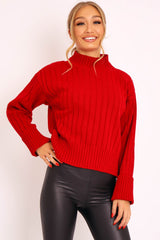Red Knit High Neck Jumper - Jaelynn-Jumper
