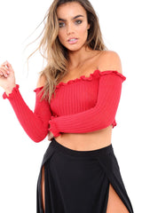 Red Knitted Bardot Frill Crop Top - Kesia-Crop Tops