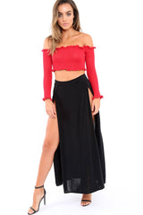 Red Knitted Bardot Frill Crop Top - Kesia-Crop Tops