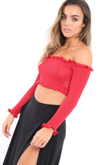 Red Knitted Bardot Frill Crop Top - Kesia-Crop Tops