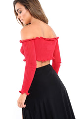 Red Knitted Bardot Frill Crop Top - Kesia-Crop Tops
