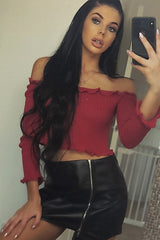 Red Knitted Bardot Frill Crop Top - Kesia-Crop Tops
