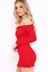 Red Knitted Bardot Frill Dress - Leisha-Dresses