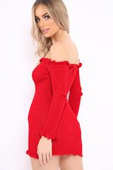 Red Knitted Bardot Frill Dress - Leisha-Dresses