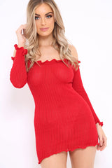 Red Knitted Bardot Frill Dress - Leisha-Dresses
