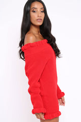 Red Knitted Bardot Jumper Dress with Elasticated hems - Kirsty-Jumper