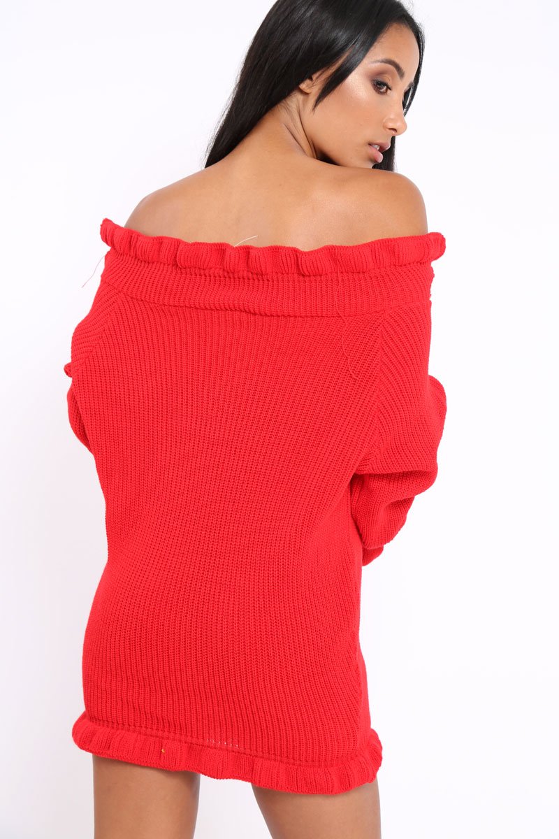 Red Knitted Bardot Jumper Dress with Elasticated hems - Kirsty-Jumper