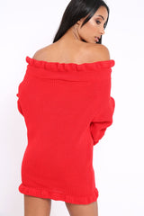 Red Knitted Bardot Jumper Dress with Elasticated hems - Kirsty-Jumper