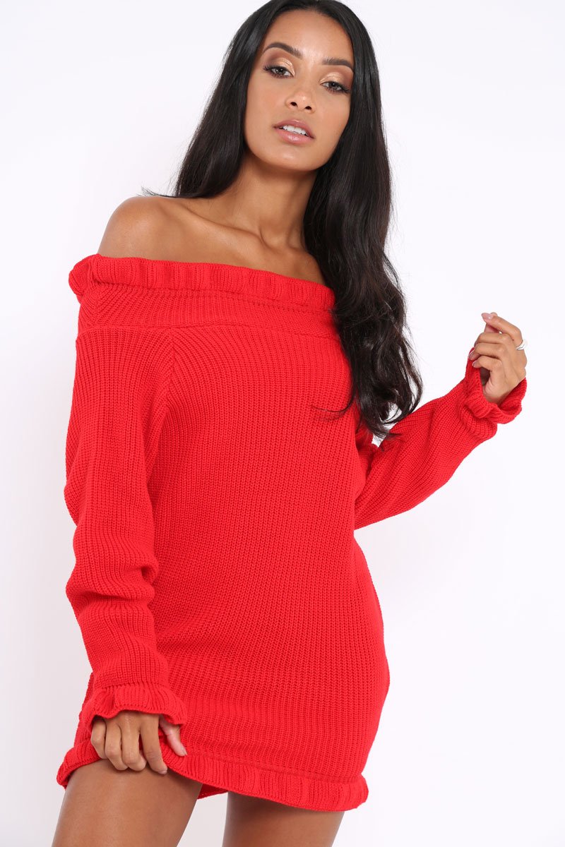 Red Knitted Bardot Jumper Dress with Elasticated hems - Kirsty-Jumper